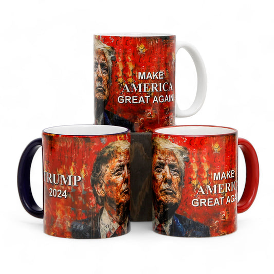 Luxury President Trump portrait mug with "MAKE AMERICA GREAT AGAIN" slogan - Choose from White, Blue, or Red Handle+Rim (11 Oz)