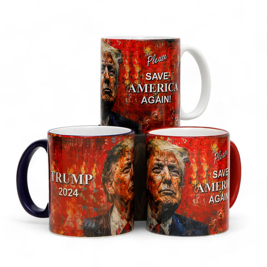 Luxury President Trump portrait mug with "PLEASE SAVE AMERICA AGAIN" slogan - Choose from White, Blue, or Red Handle+Rim (11 Oz)