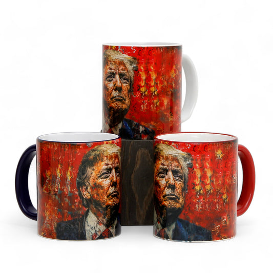 Luxury President Trump portrait mug - Choose from White, Blue, or Red Handle+Rim (11 Oz)