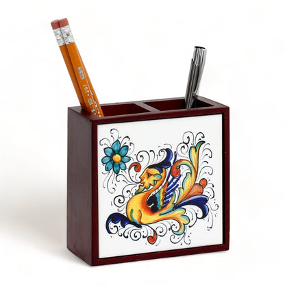 WOOD PENCIL HOLDER: Rosewood high quality pencil holder with decorative tile - Design Deruta Raffaellesco