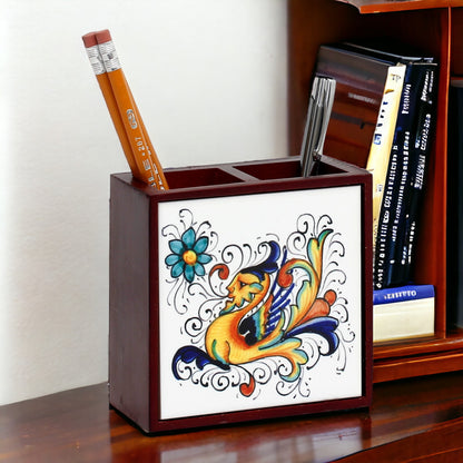 WOOD PENCIL HOLDER: Rosewood high quality pencil holder with decorative tile - Design Deruta Raffaellesco