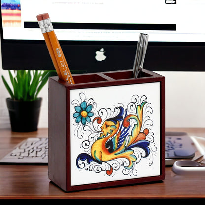 WOOD PENCIL HOLDER: Rosewood high quality pencil holder with decorative tile - Design Deruta Raffaellesco