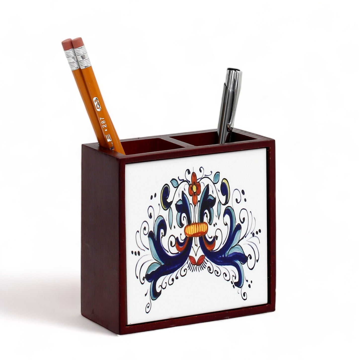 WOOD PENCIL HOLDER: Rosewood high quality pencil holder with decorative tile - Design Ricco Deruta