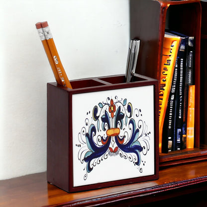 WOOD PENCIL HOLDER: Rosewood high quality pencil holder with decorative tile - Design Ricco Deruta