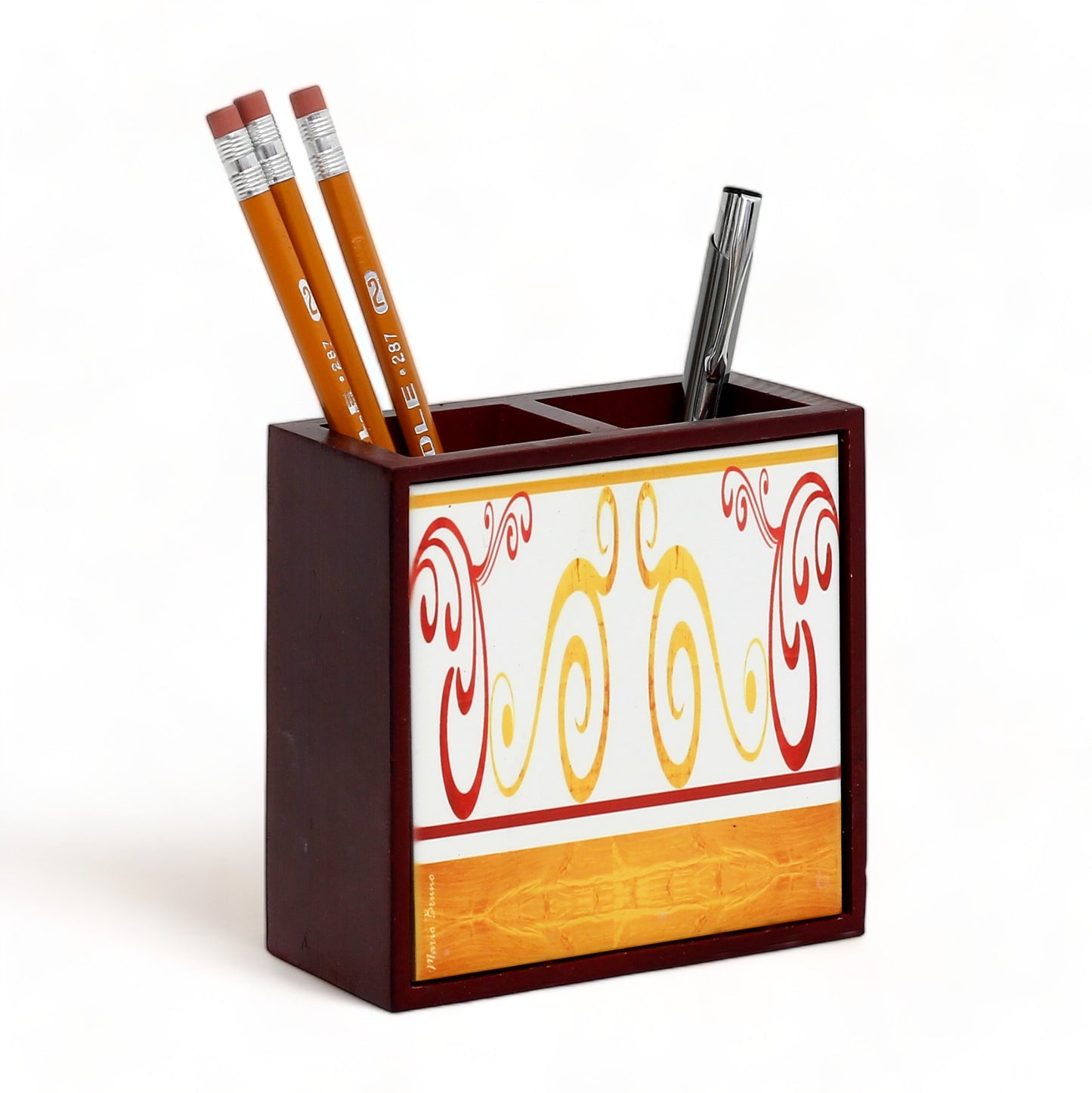 WOOD PENCIL HOLDER: Rosewood high quality pencil holder with decorative tile - Design Mario Bruno Design 01