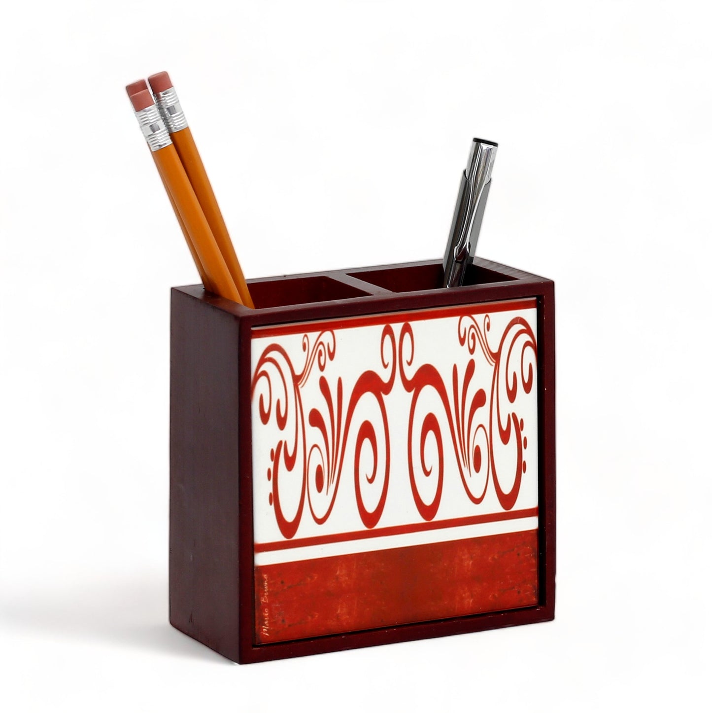 WOOD PENCIL HOLDER: Rosewood high quality pencil holder with decorative tile - Design Mario Bruno Design 03